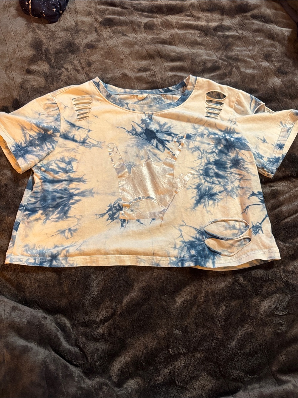 Tie-Dye Blue & White Crop Top with Silver Graphic